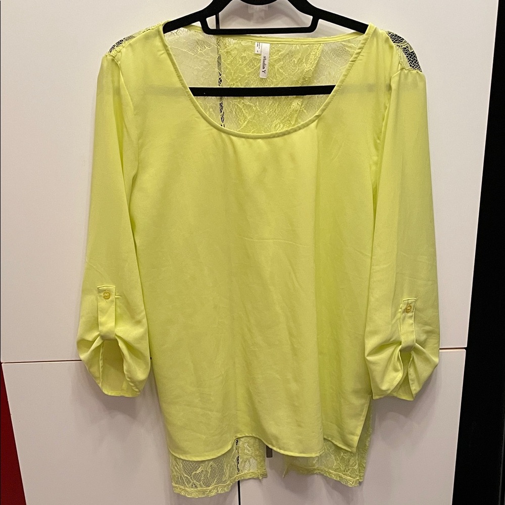 Lace STUDIO Y Lime Yellow Green Women's 3/4 Sleeve Open Back Top Fairy Coquette